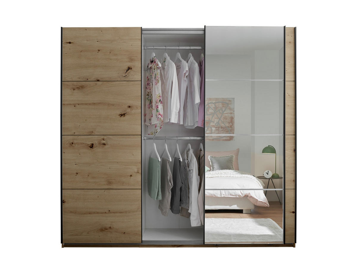 Dulap Cu Uși Culisante, 215/204/63 cm, stejar Artisan - alb/cașmir, Basics, sticlă/metal (215/204/63cm) - Carryhome