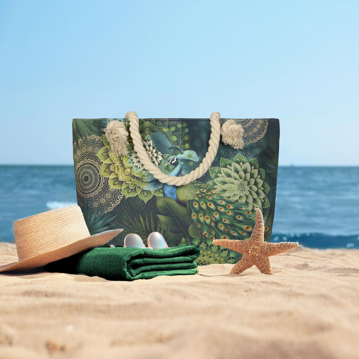 STRANDTASCHE - Dunkelgrün/Grün, Basics, Textil (60/43cm)