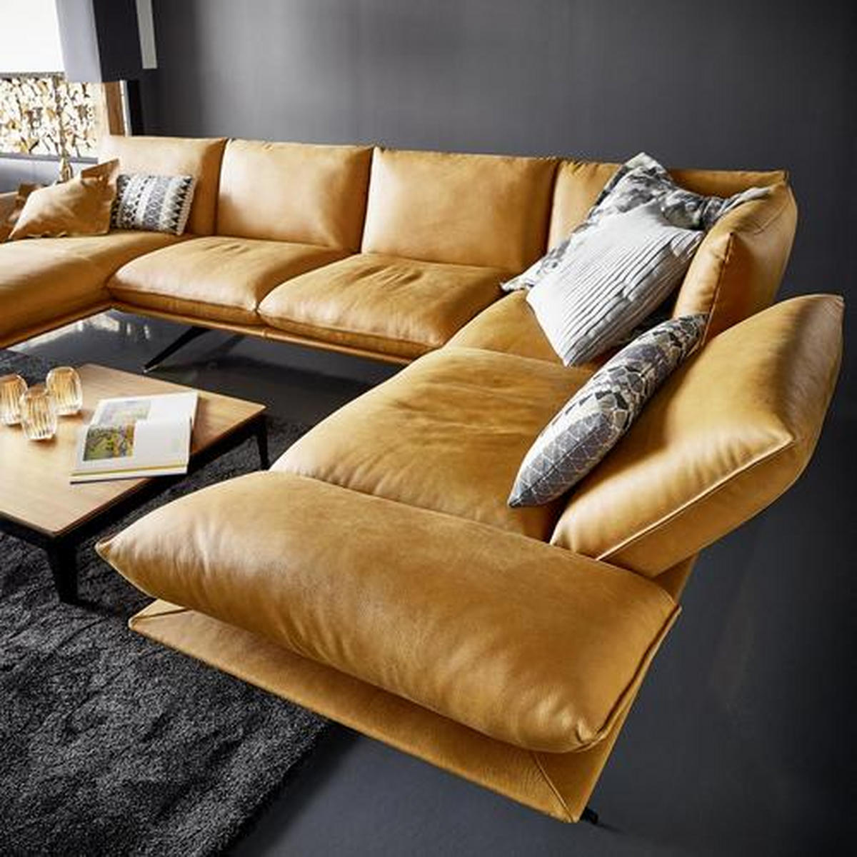 WOHNLANDSCHAFT in Echtleder Currygelb  - Currygelb/Schwarz, Natur, Leder/Metall (155/359/217cm) - Dieter Knoll