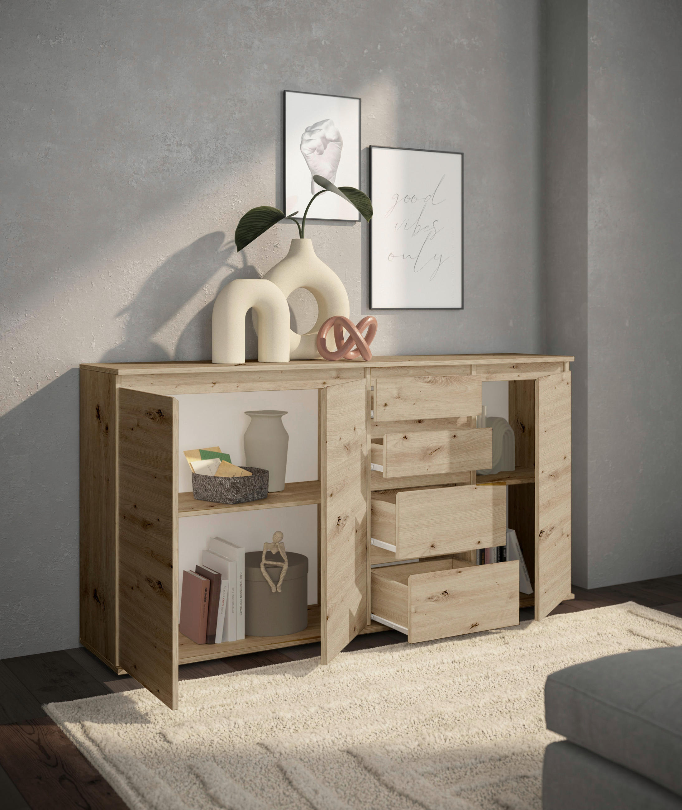 SIDEBOARD Brest  in 160/84/35 cm  - Eiche Artisan/Grau, Design, Holzwerkstoff/Kunststoff (160/84/35cm) - Boxxx