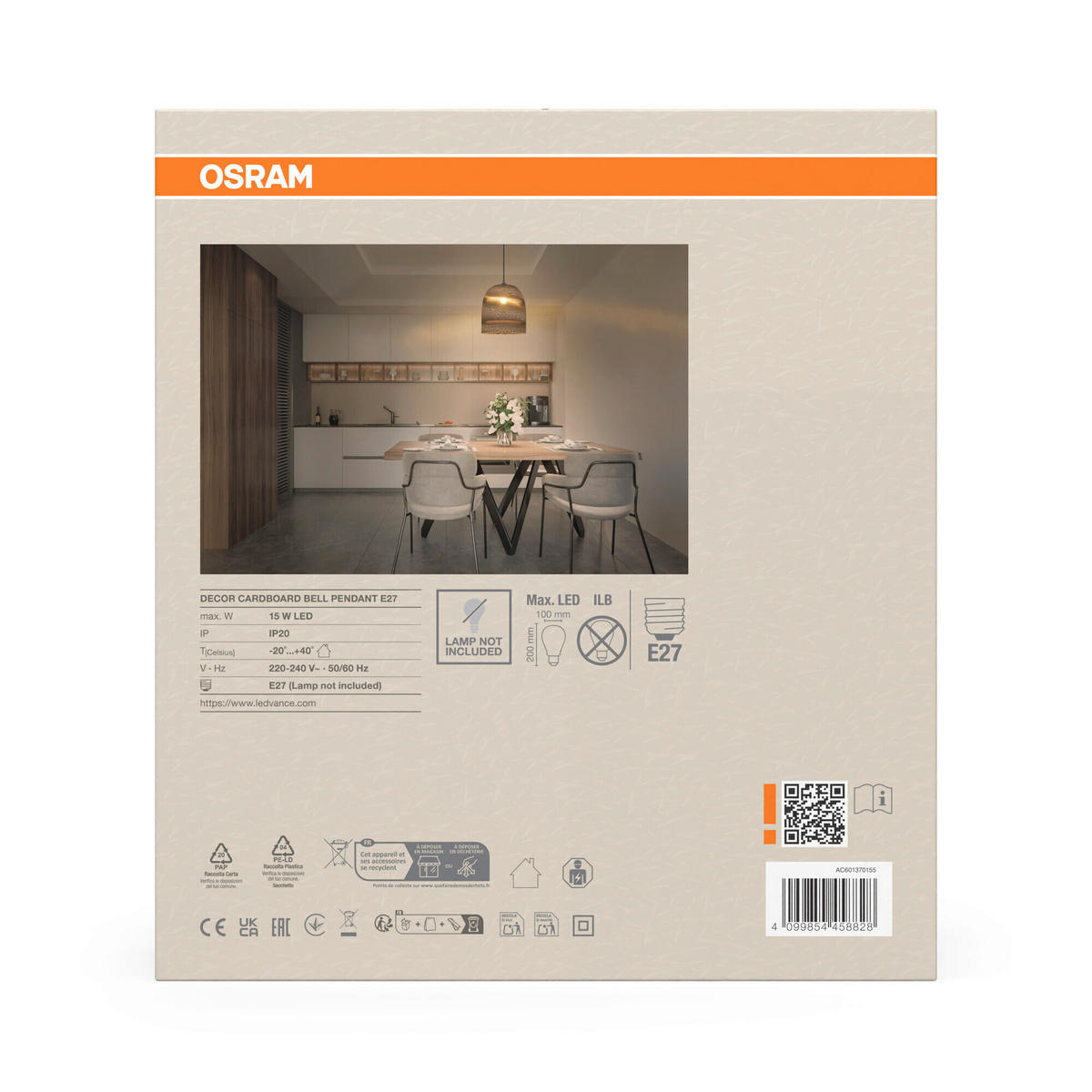 HÄNGELEUCHTE 25/134 cm  - Braun, Natur, Karton/Metall (25/134cm) - Osram