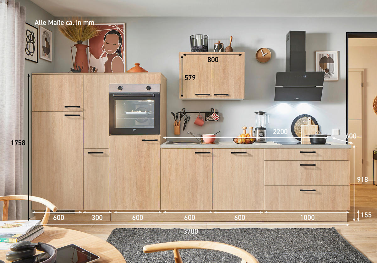 KÜCHENBLOCK PN 100 370 cm  in Eichefarben, Beigebraun  - Eichefarben/Beigebraun, Design, Holzwerkstoff/Metall (370cm) - Pino