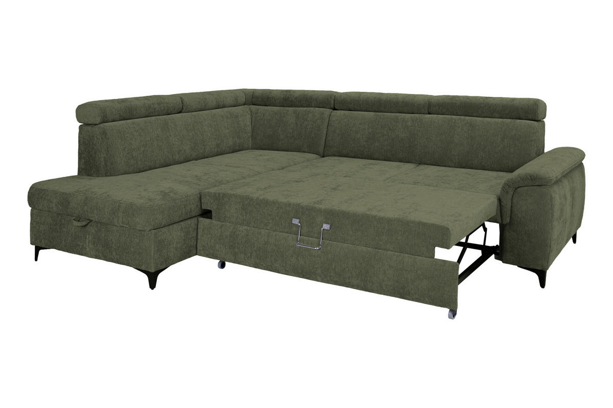 ECKSOFA Dunkelgrün Chenille Bettkasten, Schlaffunktion, Rücken echt, Kopfteilverstellung, Liegefläche im Originalstoff  - Dunkelgrün/Schwarz, KONVENTIONELL, Textil/Metall (206/265cm) - Carryhome