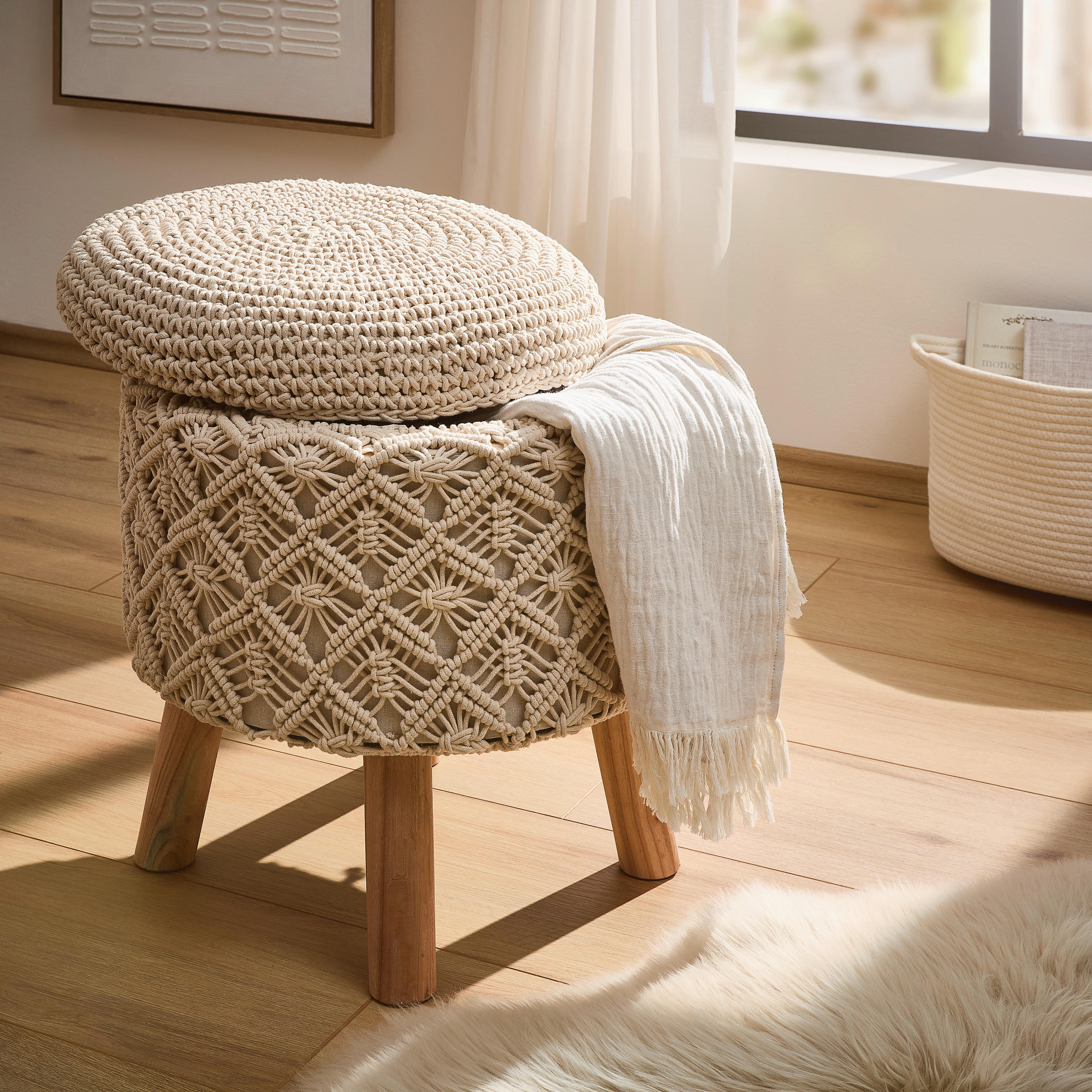POUF Makramee Dekodiamanten Naturfarben 45/45/45 cm  - Naturfarben, Trend, Textil (45/45/45cm) - Linea Natura