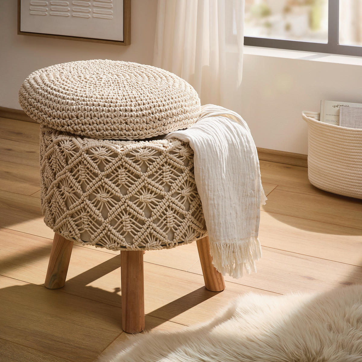POUF Makramee Dekodiamanten Naturfarben 45/45/45 cm  - Naturfarben, Trend, Textil (45/45/45cm) - Linea Natura