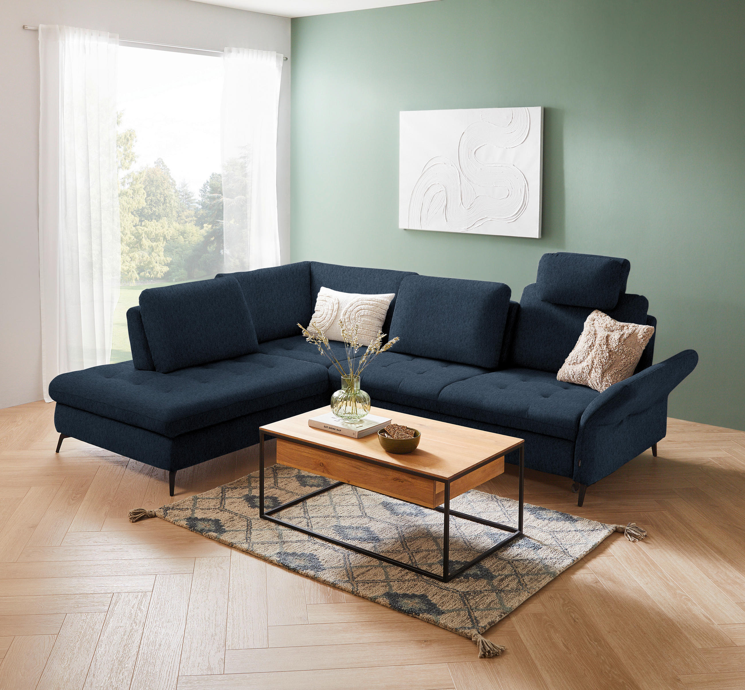 ECKSOFA in Chenille Blau  - Blau/Schwarz, Natur, Textil/Metall (233/288cm) - Valnatura