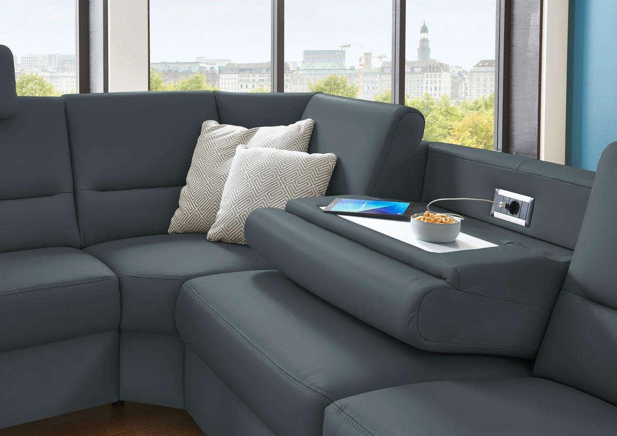 ECKSOFA in Echtleder Blaugrau  - Blaugrau/Alufarben, Basics, Leder/Metall (249/290cm) - Beldomo Premium