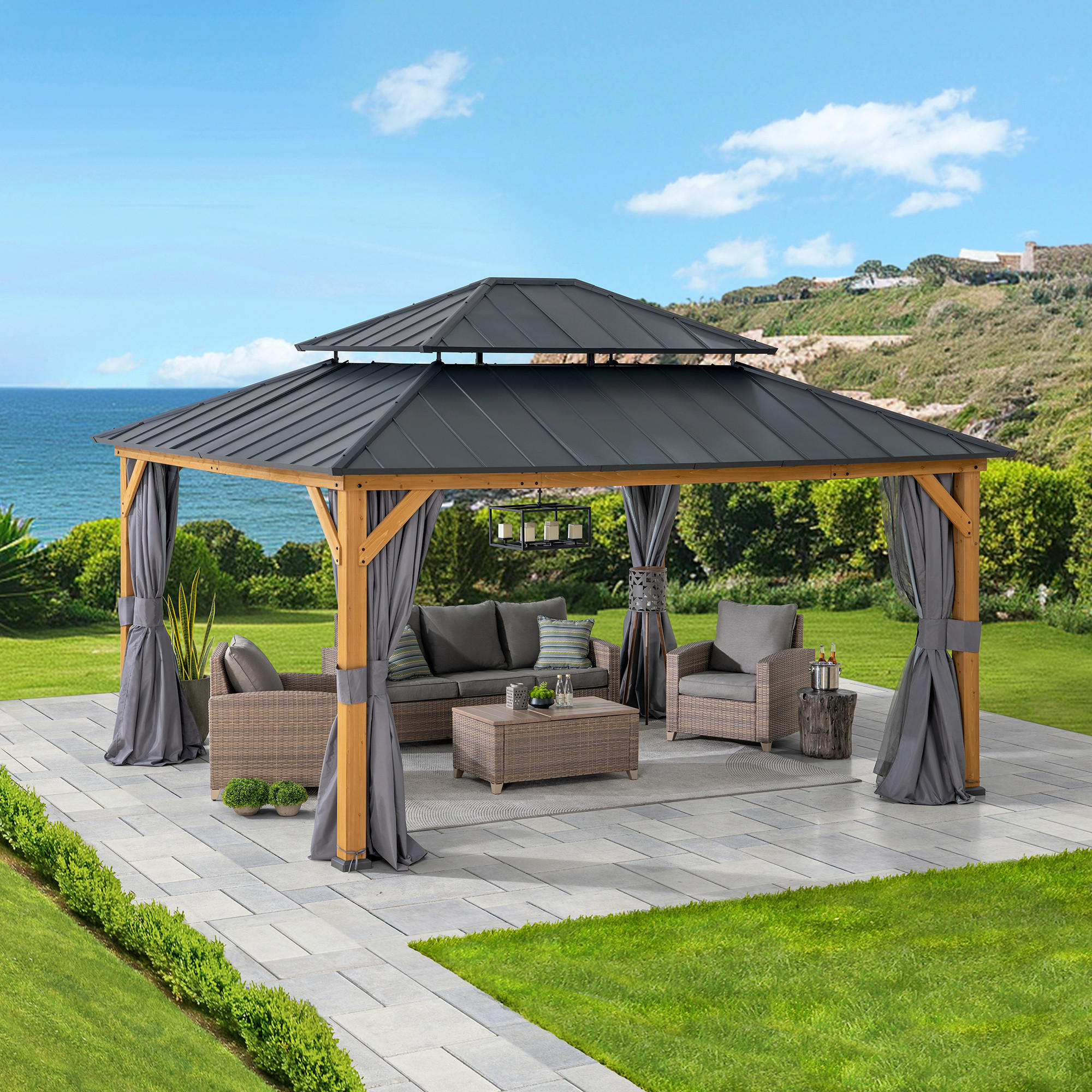 PAVILLON 390/320/450 cm  - Anthrazit/Naturfarben, Basics, Holz/Metall (390/320/450cm) - Modante
