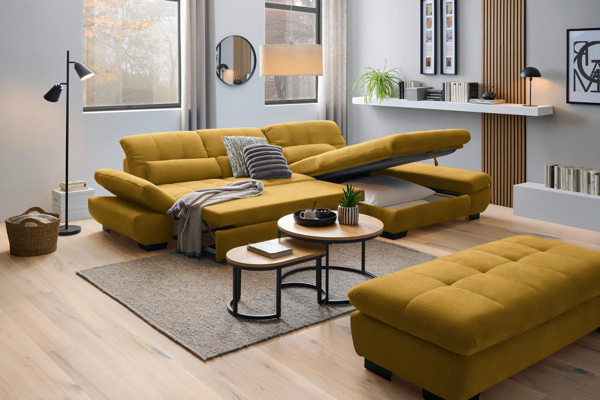 ECKSOFA  in Flachgewebe Gelb  341/204 cm  - Gelb/Schwarz, Design, Textil/Metall (341/204cm) - Xora