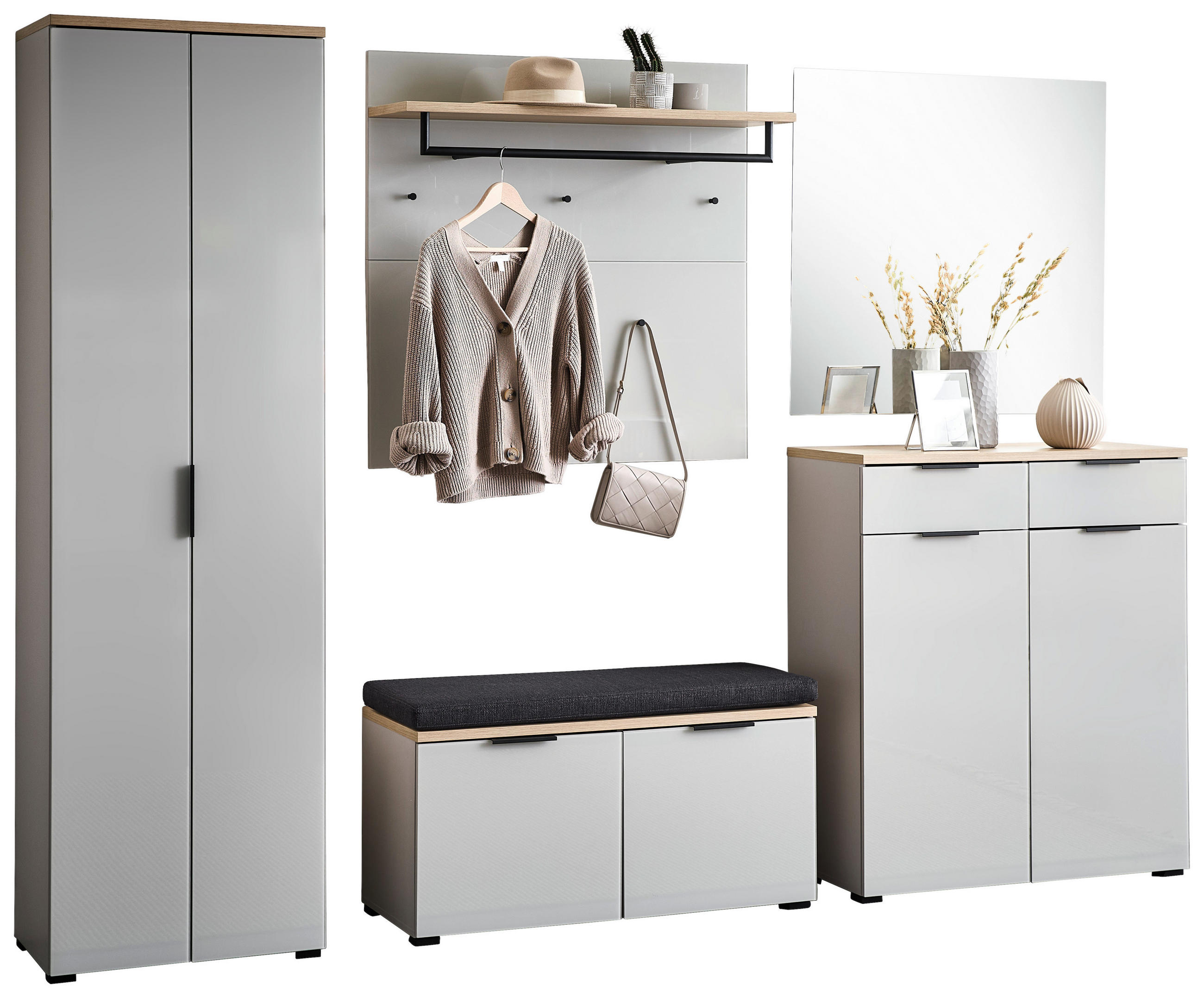 GARDEROBE 6-teilig  in 265/197/19 cm  - Kaschmir/Eichefarben, Design, Glas/Holzwerkstoff (265/197/19cm) - Voleo