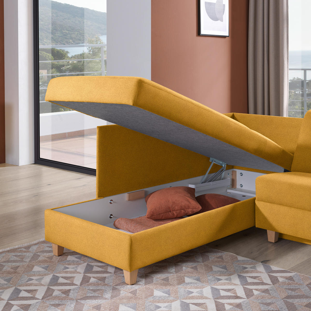 ECKSOFA in Flachgewebe Senfgelb  203/261 cm  - Eichefarben/Senfgelb, KONVENTIONELL, Holz/Textil (203/261cm) - Sedda