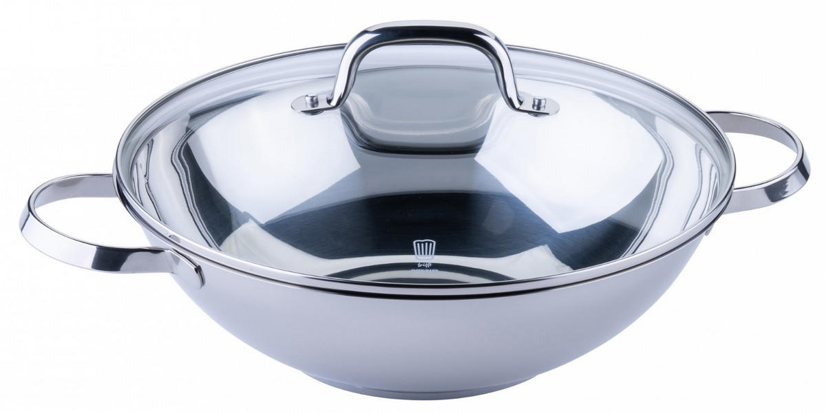 WOKPFANNE Rosenheim 30 cm  - Klar/Edelstahlfarben, Basics, Glas/Metall (30cm) - Chefkoch+Fackelmann