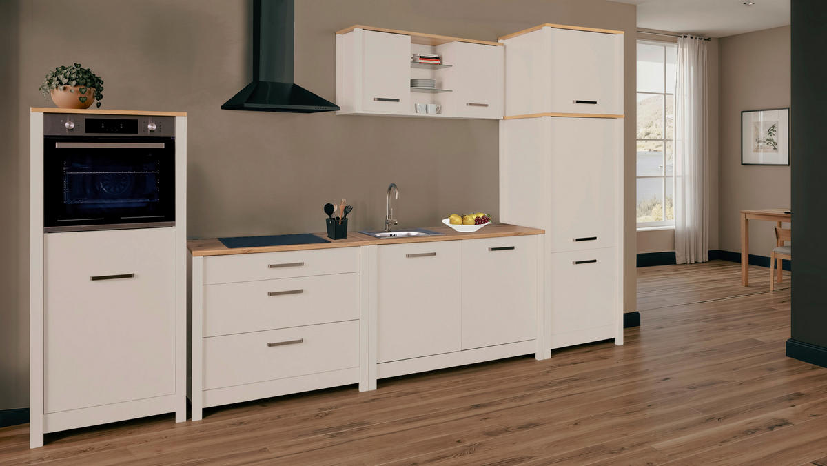 KÜCHENLEERBLOCK 370 cm   in Kaschmir, Eiche Artisan  - Kaschmir/Silberfarben, MODERN, Glas/Holzwerkstoff (370cm) - home24