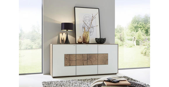 SIDEBOARD Kerneiche vollmassiv Weiß, Eichefarben  - Eichefarben/Weiß, Design, Glas/Holz (175/81/49cm) - Valnatura