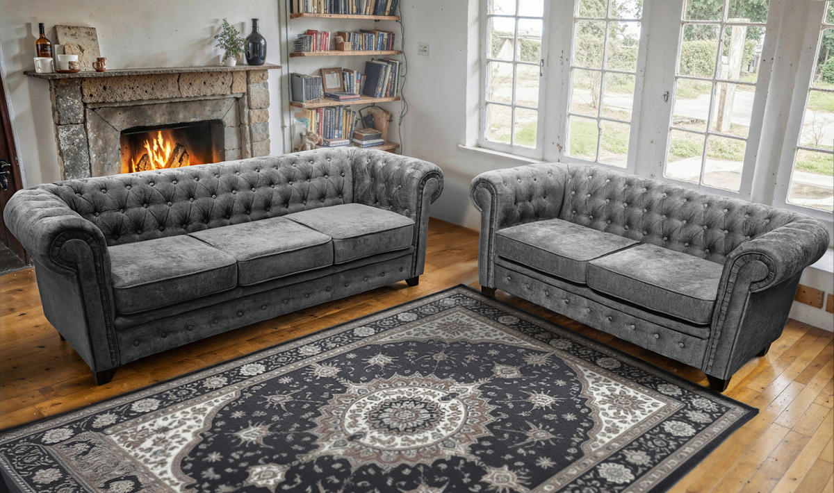 CHESTERFIELD-SOFA CHESTERFIELD Flachgewebe Grau  - Schwarz/Grau, KONVENTIONELL, Holz/Textil (225/72/92cm) - Livetastic