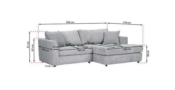 ECKSOFA  in Cord Hellgrau  234/170 cm  - Hellgrau/Schwarz, KONVENTIONELL, Kunststoff/Textil (234/170cm) - Carryhome