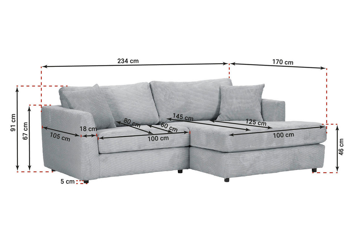 ECKSOFA Hellgrau Cord  - Hellgrau/Schwarz, KONVENTIONELL, Kunststoff/Textil (234/170cm) - Carryhome