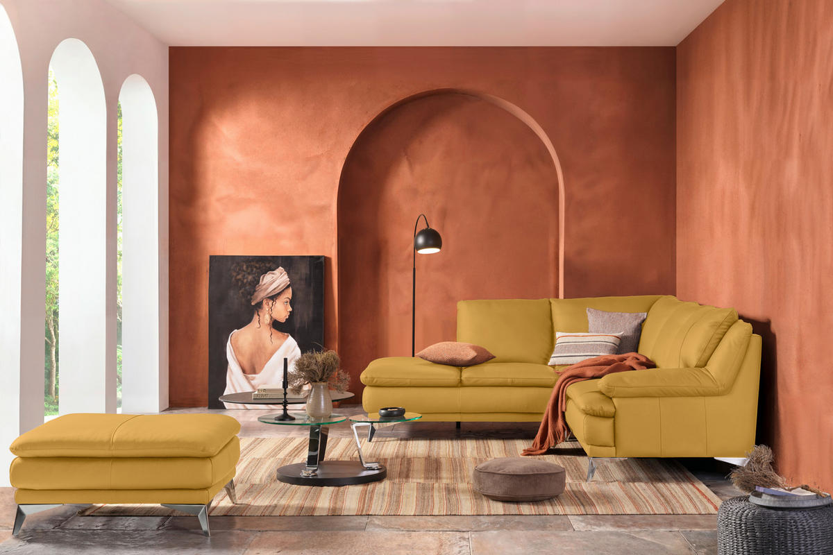 ECKSOFA Senfgelb Echtleder  - Chromfarben/Senfgelb, Design, Leder/Metall (224/252cm) - Novel