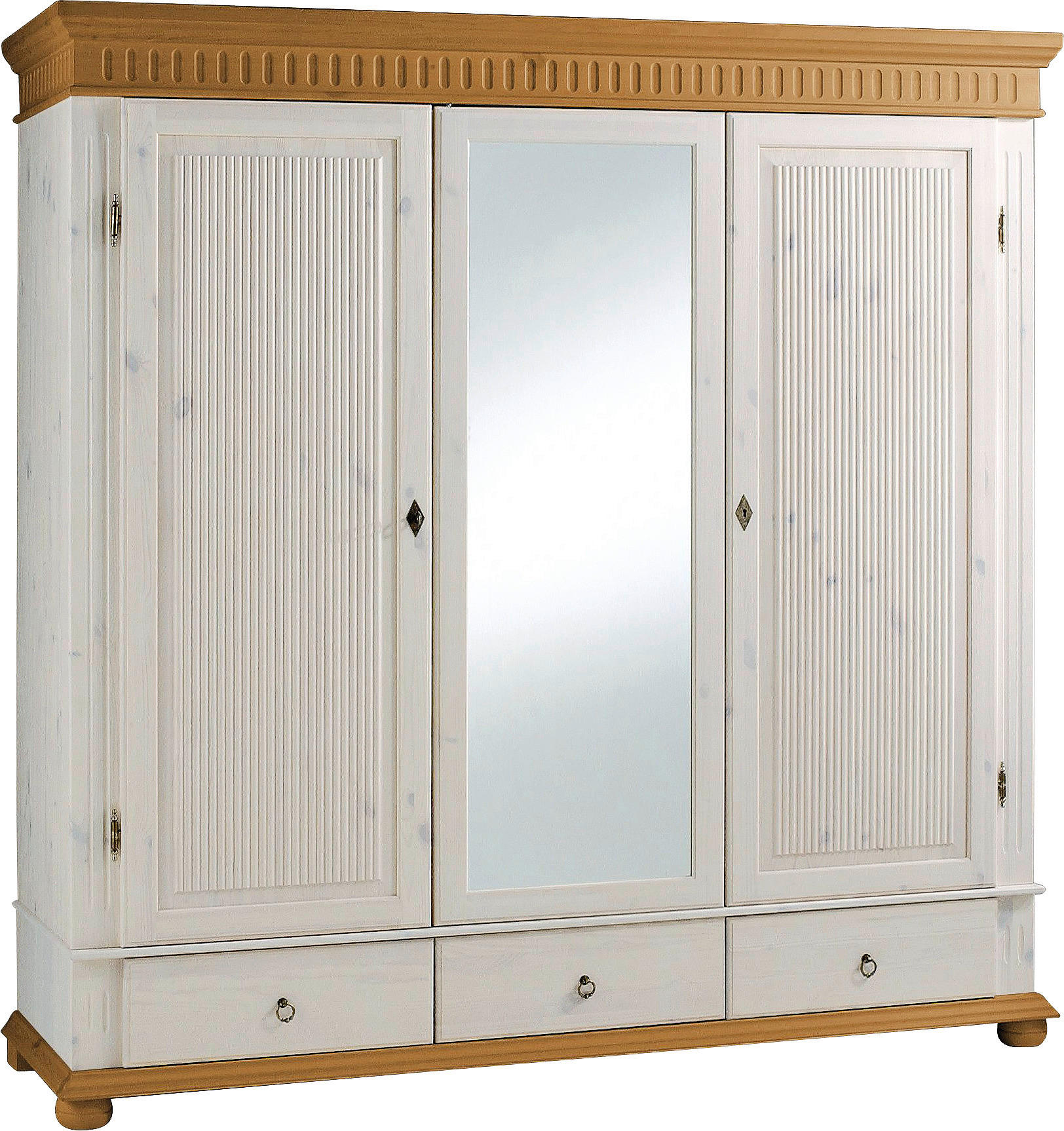 KLEIDERSCHRANK 3-türig Kiefer massiv Weiß, Kieferfarben - Weiß/Kieferfarben, LIFESTYLE, Holz/Metall (195/218/62cm) - Carryhome