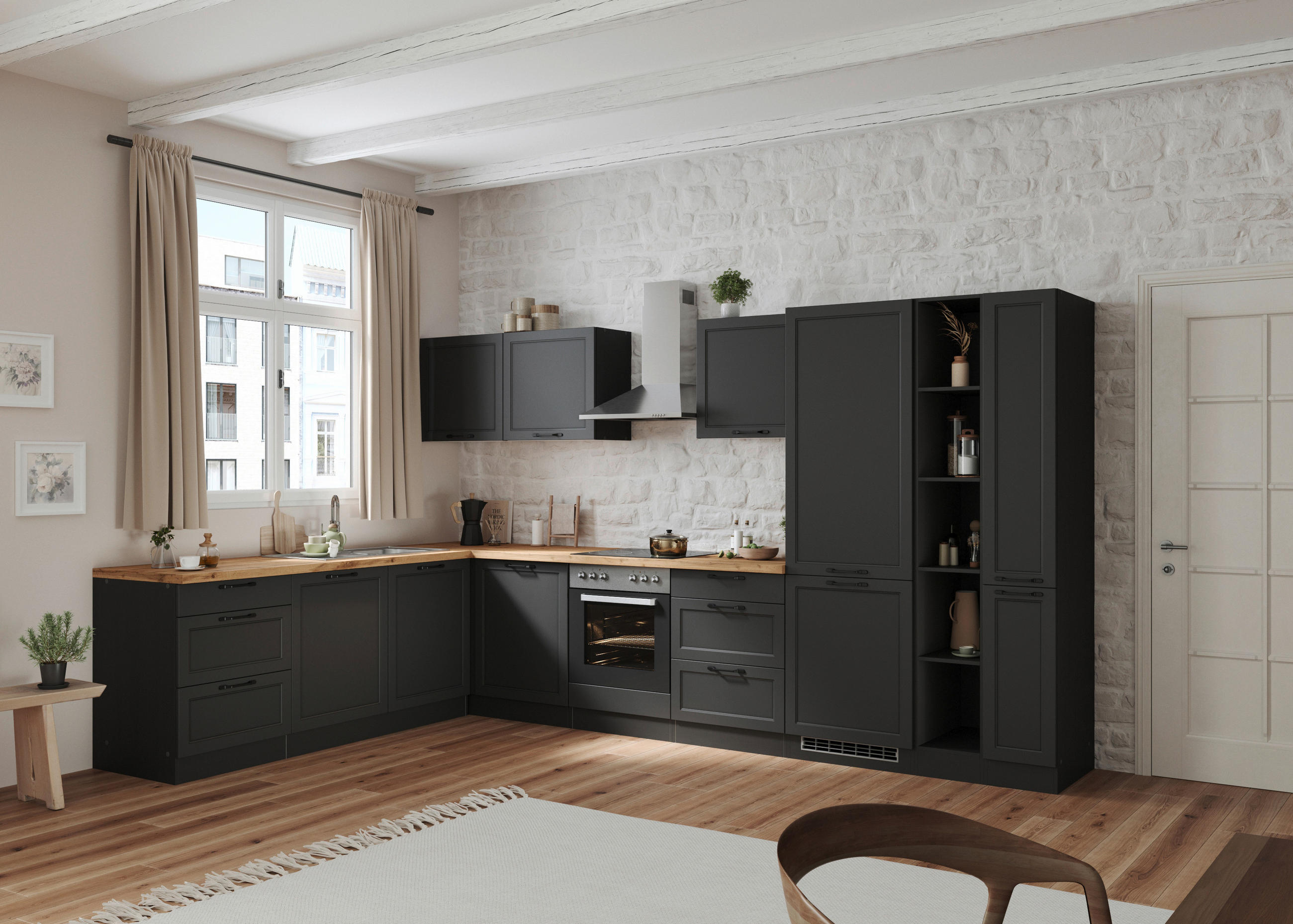 Eckküche Meran mit Geräten 240x360 cm Grau/Eiche Dekor