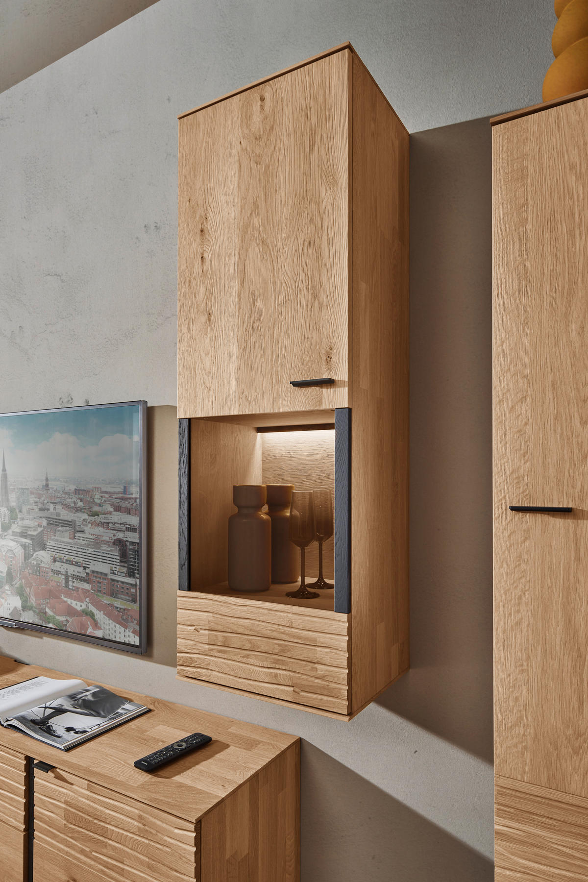 WOHNWAND  in Eichefarben  288/212/44 cm  - Eichefarben/Anthrazit, Natur, Glas/Holz (288/212/44cm) - Valnatura