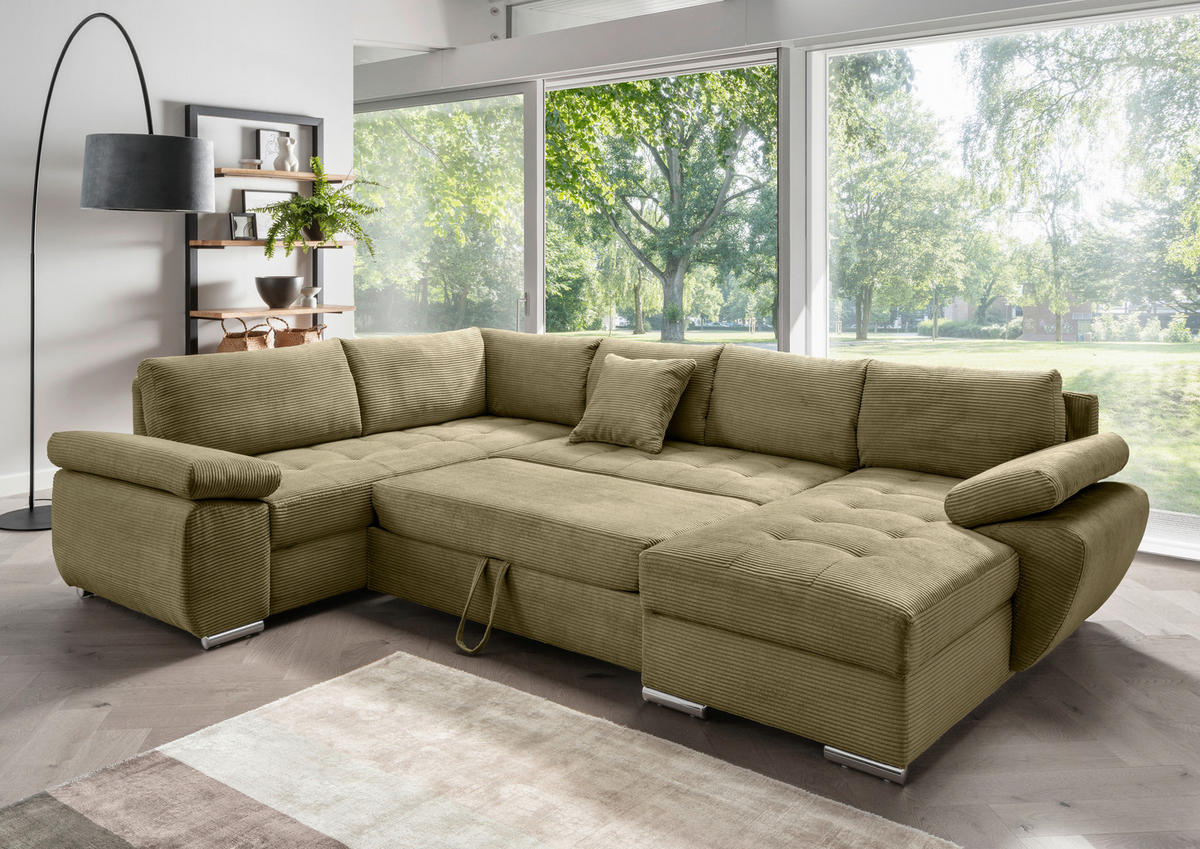 Wohnlandschaft in Cord Olivgrün  - Chromfarben/Olivgrün, KONVENTIONELL, Textil/Metall (219/305/157cm) - Livetastic