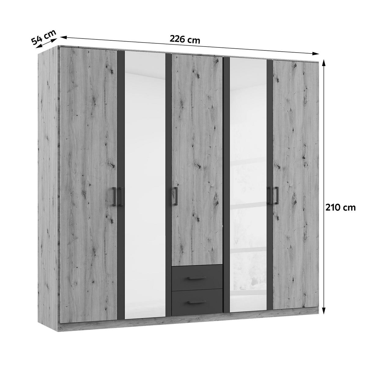 KLEIDERSCHRANK 5-türig Grau, Eichefarben, Eiche Artisan  - Eichefarben/Eiche Artisan, KONVENTIONELL, Holzwerkstoff/Kunststoff (226/210/54cm) - Rauch Möbel