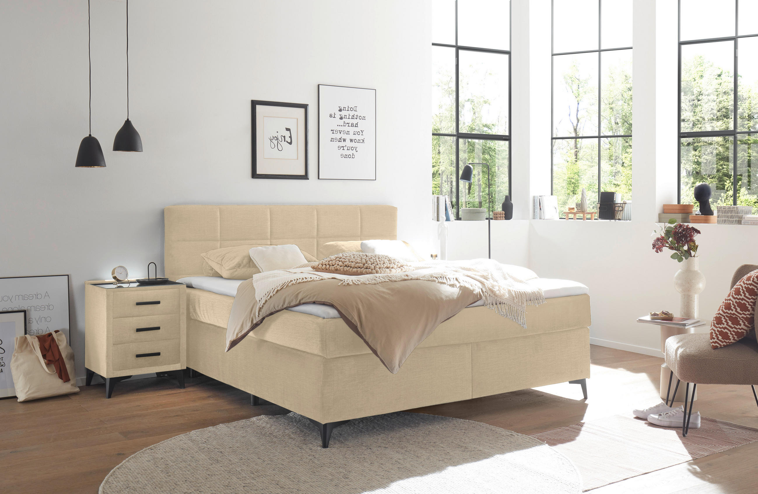 BOXSPRINGBETT 180/200 cm  in Creme  - Creme/Schwarz, Design, Holzwerkstoff/Kunststoff (180/200cm) - Xora
