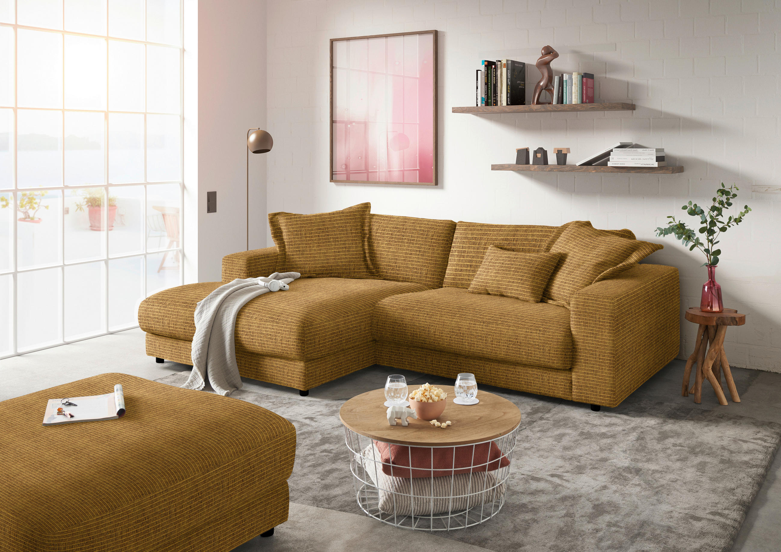 ECKSOFA in Chenille Hellgrün, Goldfarben  - Goldfarben/Schwarz, Design, Kunststoff/Textil (190/270cm) - Lomoco