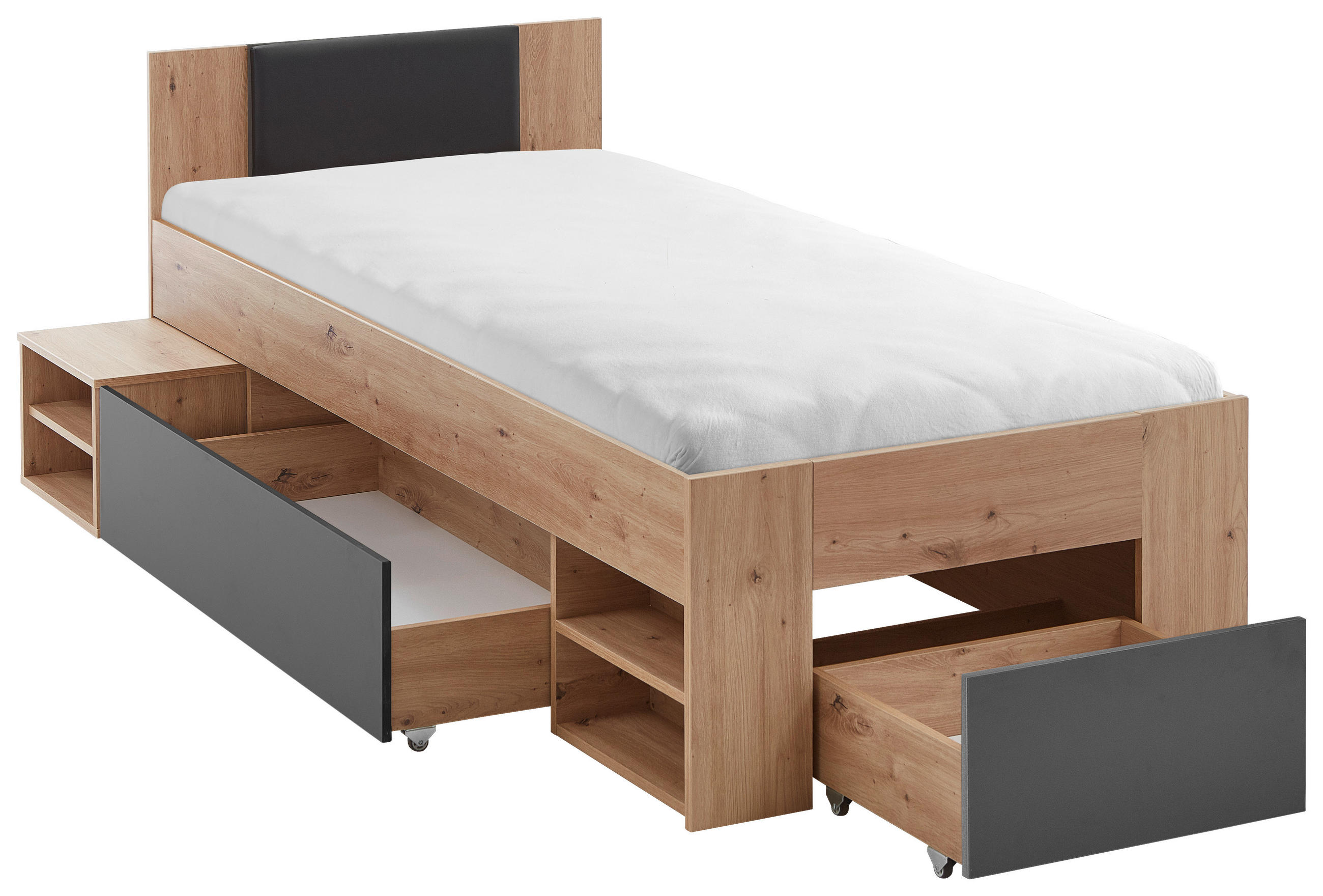 Thumbnail - Boxxx Stauraumbett, Eiche Artisan, Graphit, Holzwerkstoff, 8 Fächer, 2 Schubladen, 90x200 cm, in verschiedenen Holzdekor...