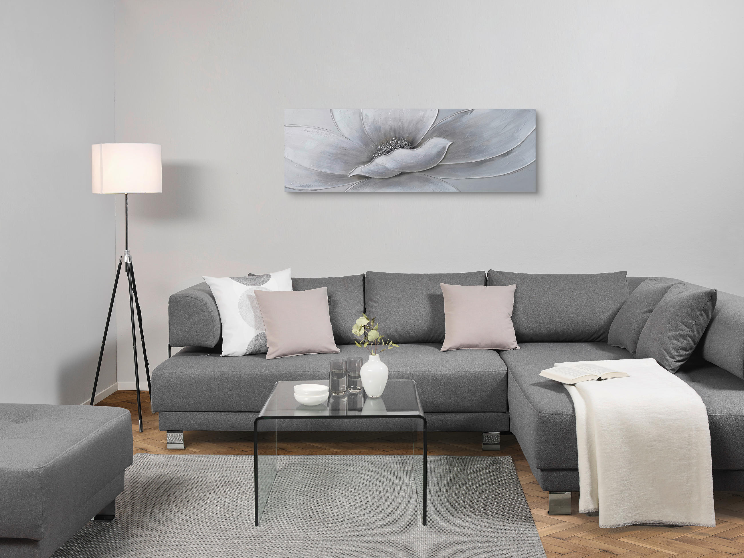 ÖLGEMÄLDE Blumen  - Braun/Weiß, Design, Holz/Textil (55/150cm) - Monee