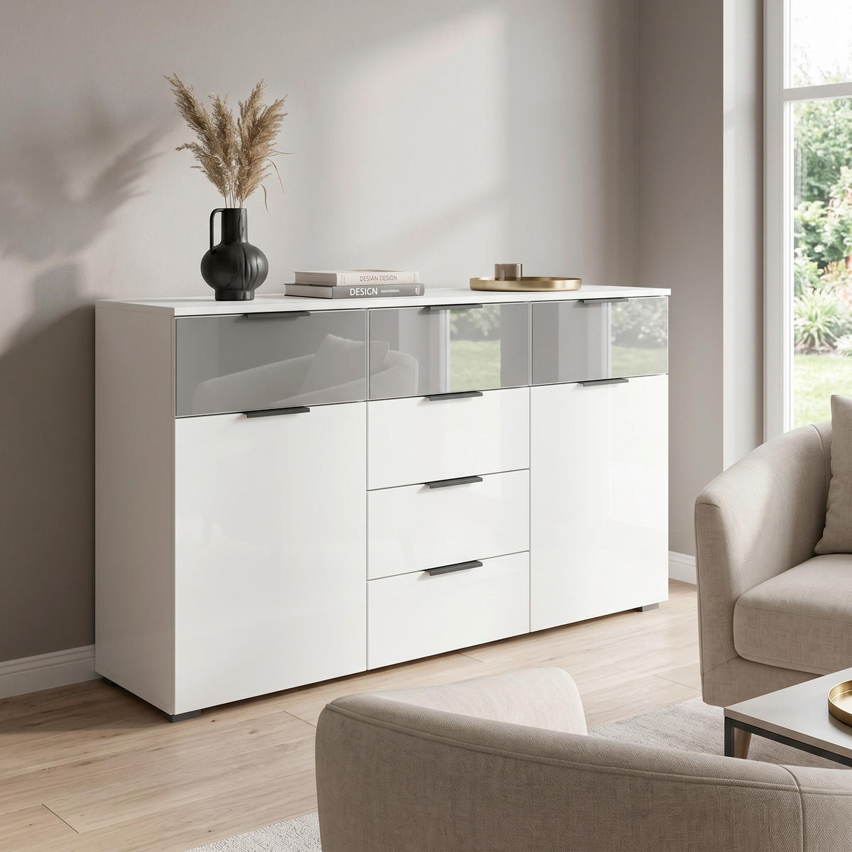 KOMODA S VRATIMA - siva/boja aluminijuma, Moderno, staklo/metal (120/81/42cm) - Rauch Möbel