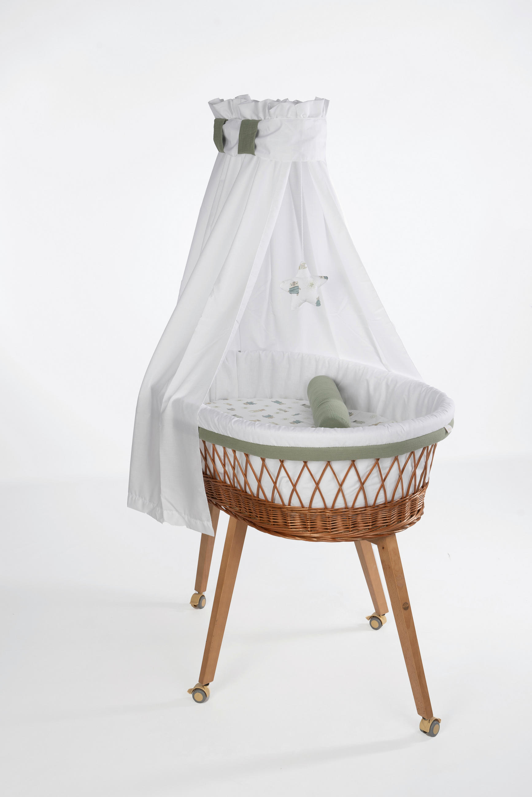 STUBENWAGEN-KOMPLETTSET Babybett Lounge Natur Pyjamabär Buche  Weiß, Buchefarben, Waldgrün  - Waldgrün/Buchefarben, Basics, Holz/Textil (60/167/100cm) - Mionido