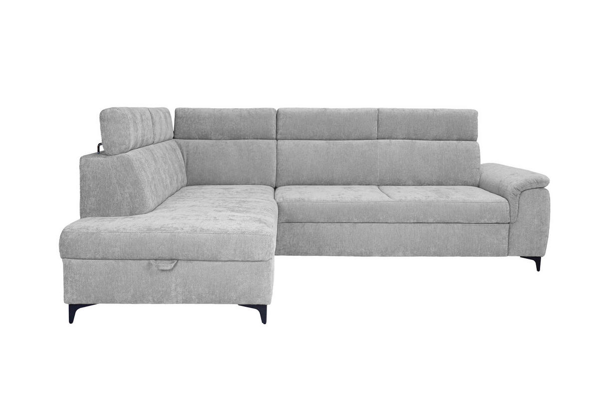 ECKSOFA Silberfarben Chenille Bettkasten, Schlaffunktion, Rücken echt, Kopfteilverstellung, Liegefläche im Originalstoff  - Silberfarben/Schwarz, KONVENTIONELL, Textil/Metall (206/265cm) - Carryhome