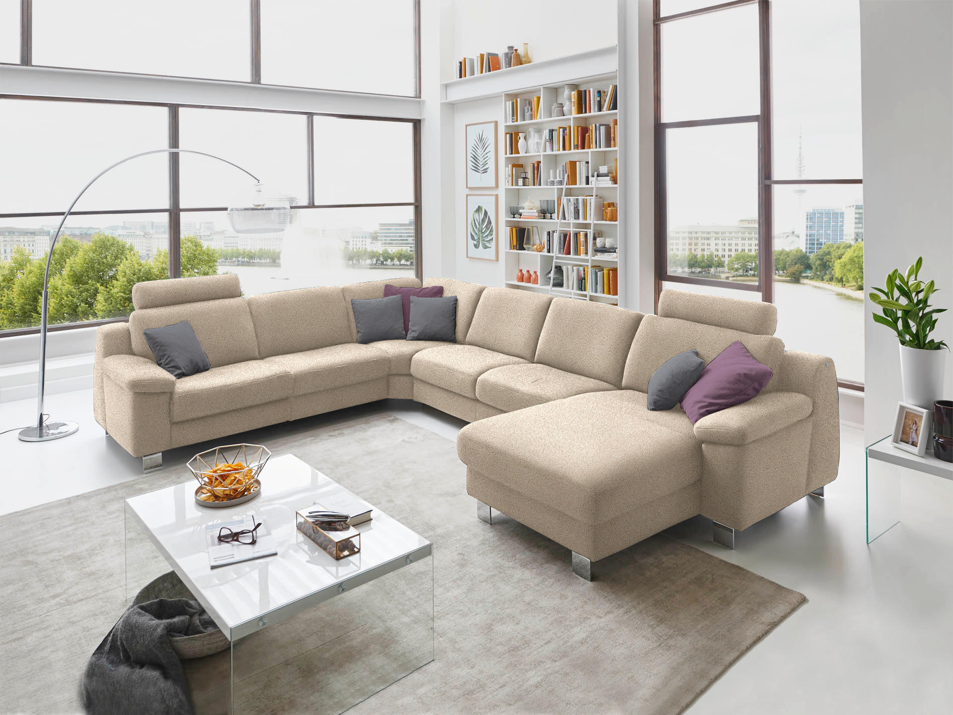 WOHNLANDSCHAFT in Mikrofaser Naturfarben, Sandfarben  - Sandfarben/Chromfarben, Design, Textil/Metall (278/364/166cm) - Valdera