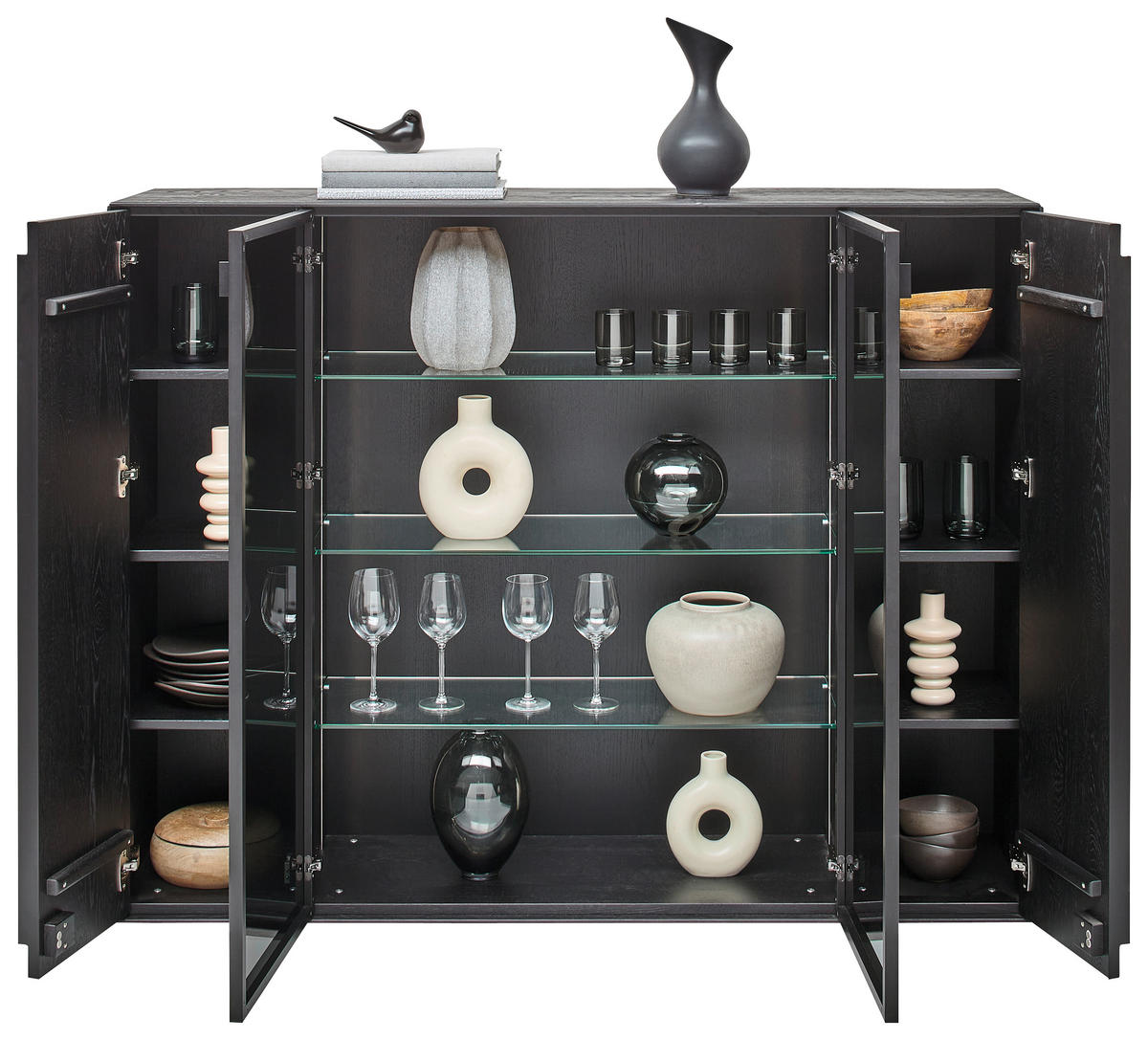 SIDEBOARD Schwarz, Eichefarben  152/119,1/39,5 cm  - Eichefarben/Anthrazit, Natur, Glas/Holz (152/119,1/39,5cm) - Valnatura