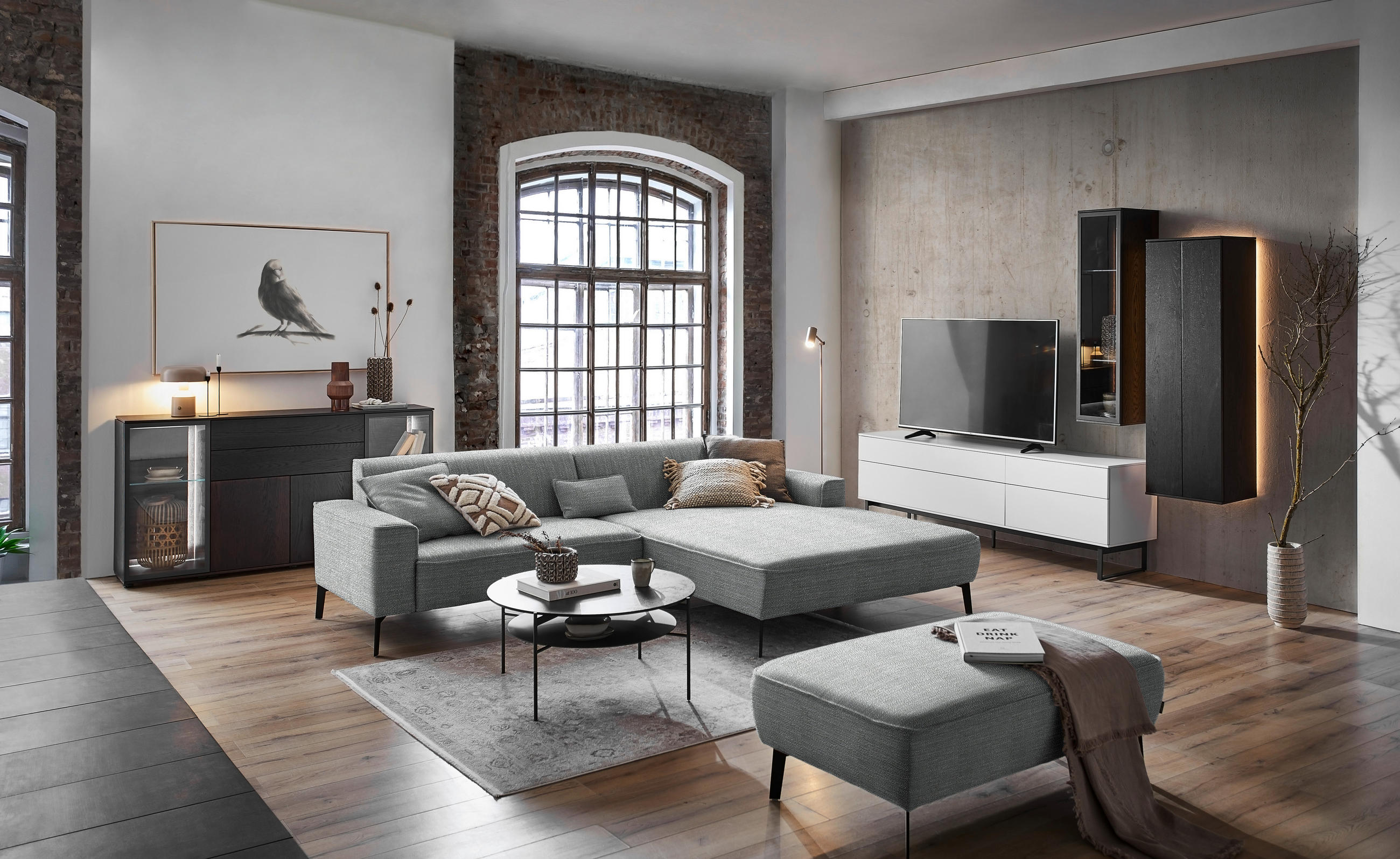 ECKSOFA in Flachgewebe Dunkelgrau  - Dunkelgrau/Schwarz, Design, Textil/Metall (285/190cm) - Johann Jakob