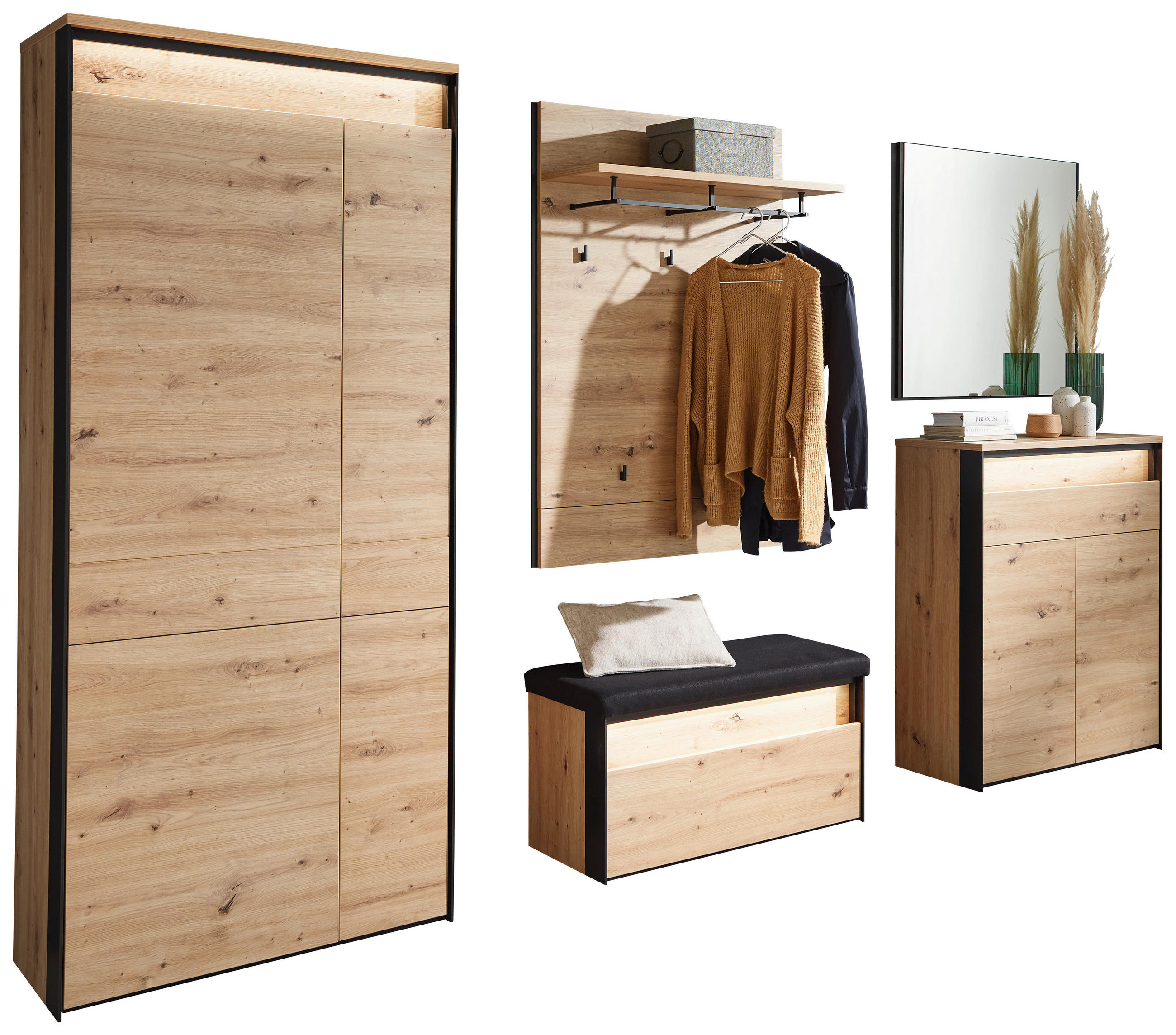 GARDEROBE 5-teilig  in 266/200/38 cm  - Schwarz/Eiche Artisan, KONVENTIONELL, Glas/Holzwerkstoff (266/200/38cm) - Voleo