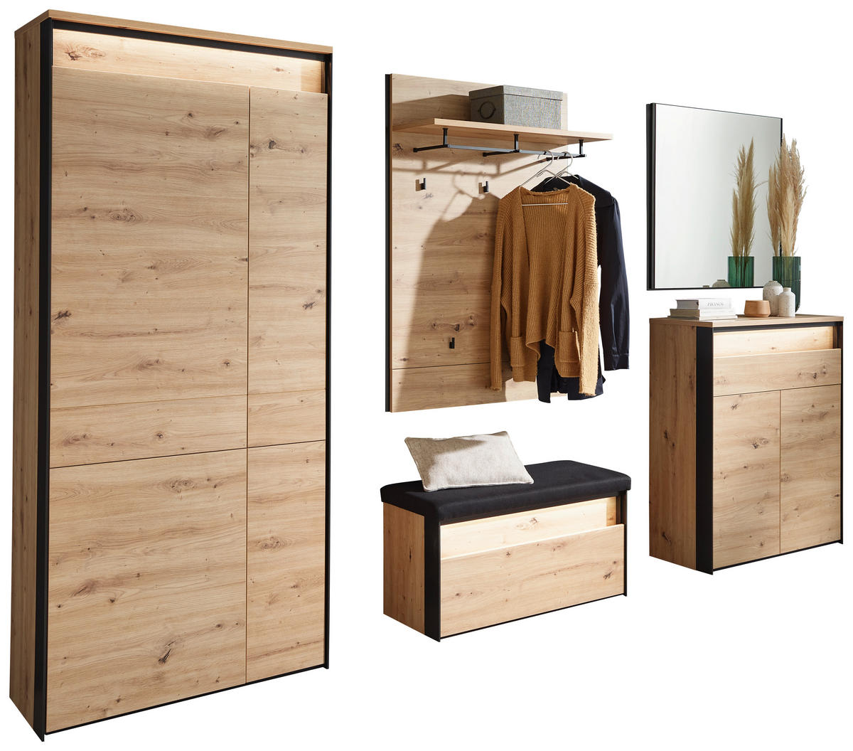 GARDEROBE 5-teilig  in 266/200/38 cm  - Schwarz/Eiche Artisan, KONVENTIONELL, Glas/Holzwerkstoff (266/200/38cm) - Voleo