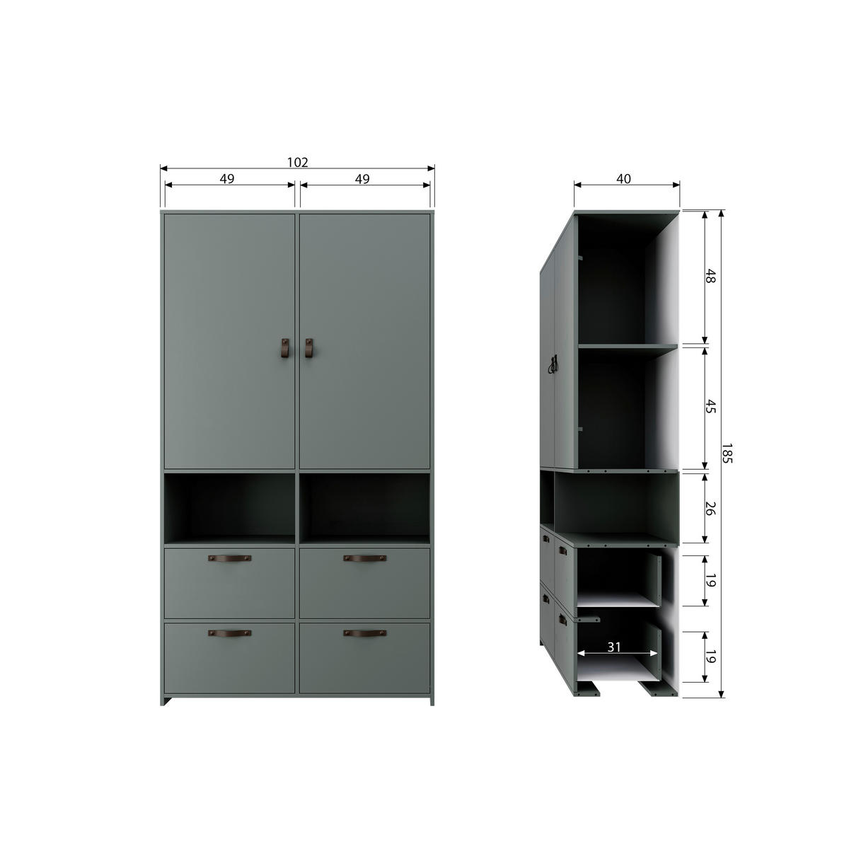 KLEIDERSCHRANK 103/185/40 cm 2-türig Grün  - Braun/Grün, Design, Leder/Holz (103/185/40cm) - Livetastic