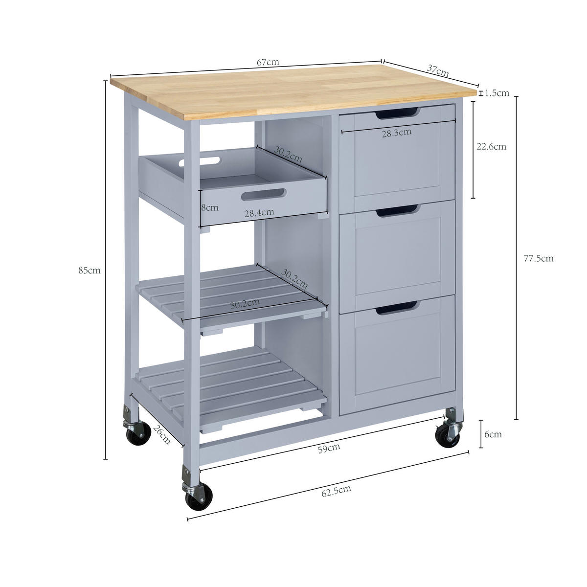 KÜCHENINSEL   in Grau, Naturfarben  - Naturfarben/Grau, Basics, Holz/Holzwerkstoff (67/84/37cm) - MID.YOU