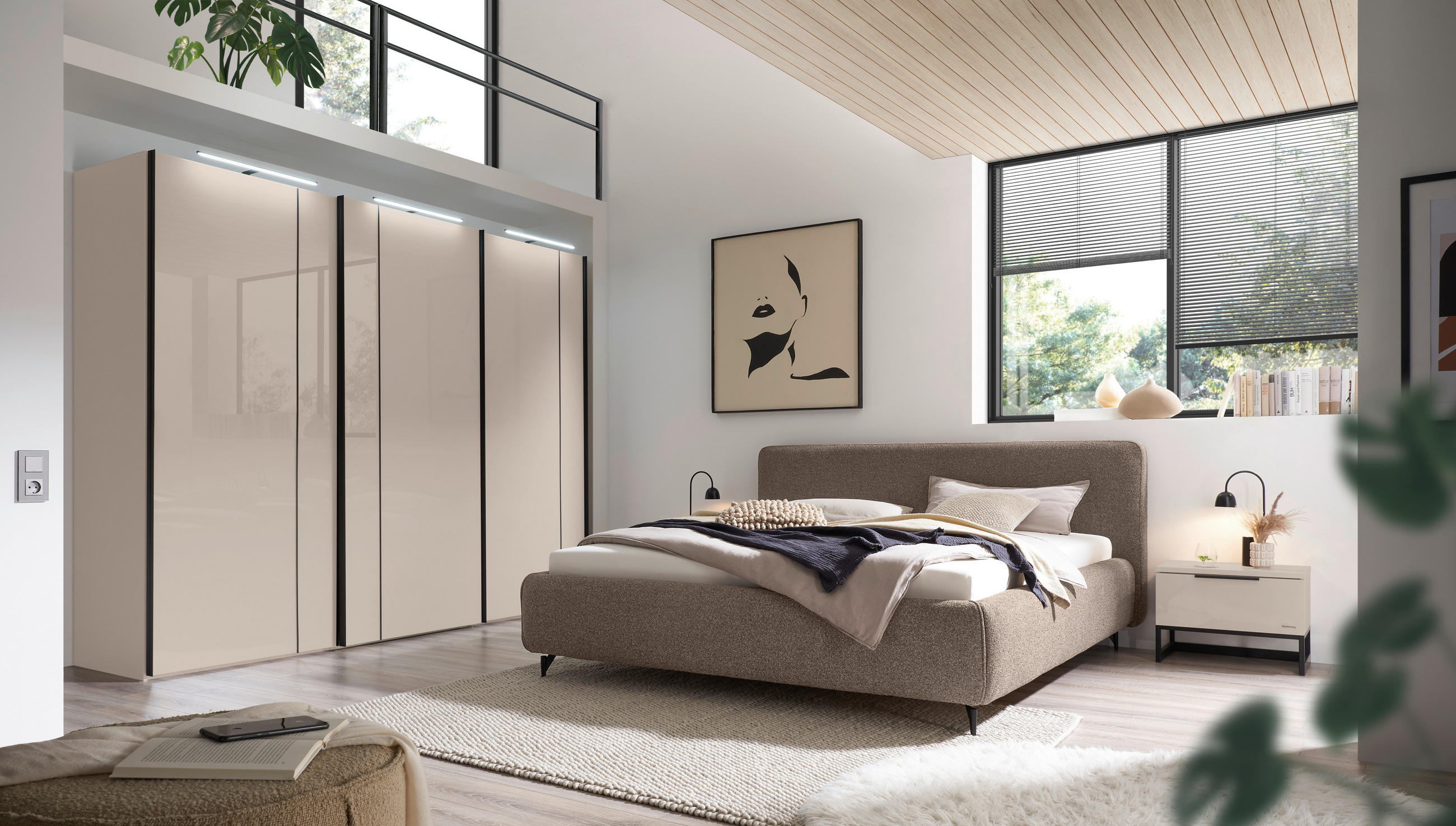 SCHWEBETÜRENSCHRANK 280/222/68 cm 3-türig Sandfarben  - Sandfarben/Schwarz, Design, Glas/Holzwerkstoff (280/222/68cm) - Musterring