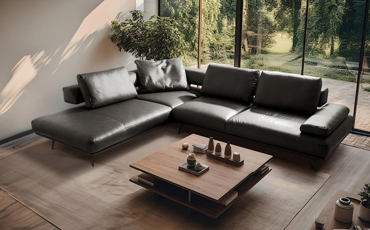 ECKSOFA Anthrazit Echtleder  - Anthrazit/Schwarz, Design, Leder/Metall (237/306cm) - Livetastic