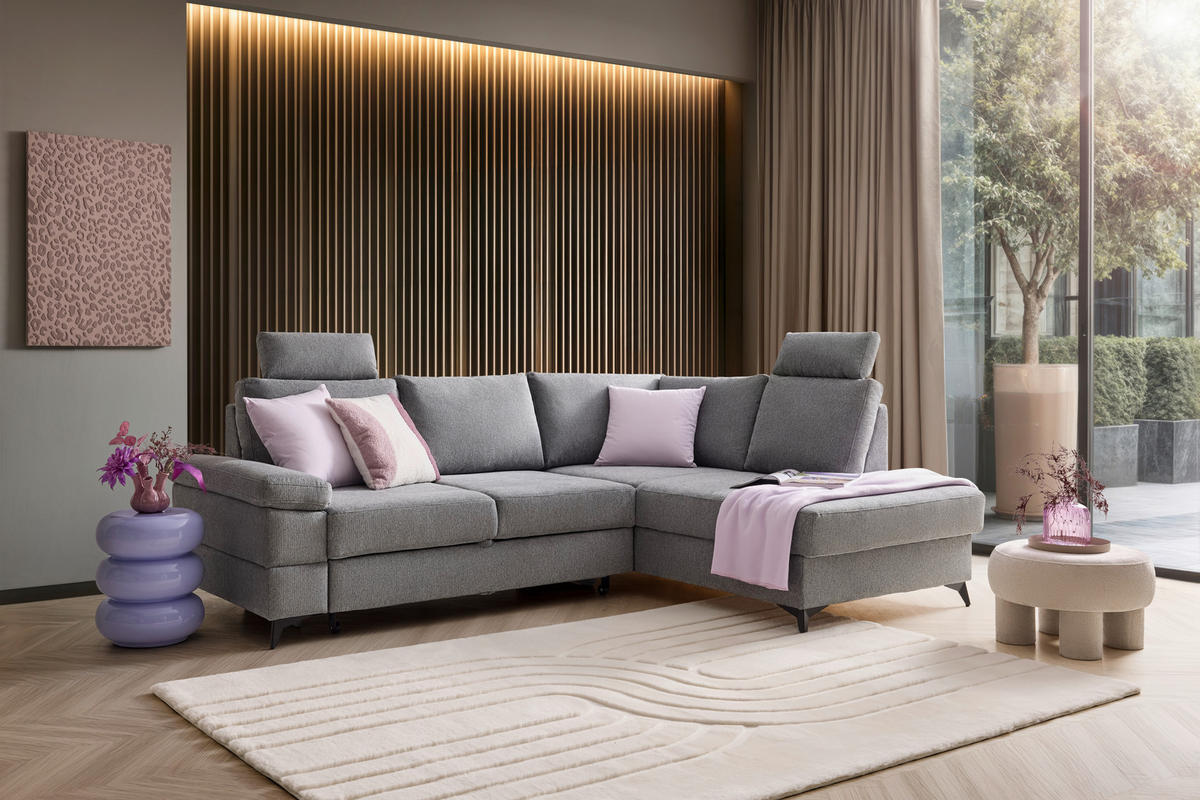 ECKSOFA Webstoff Grau  - Schwarz/Grau, Modern, Textil/Metall (250/189cm) - MID.YOU