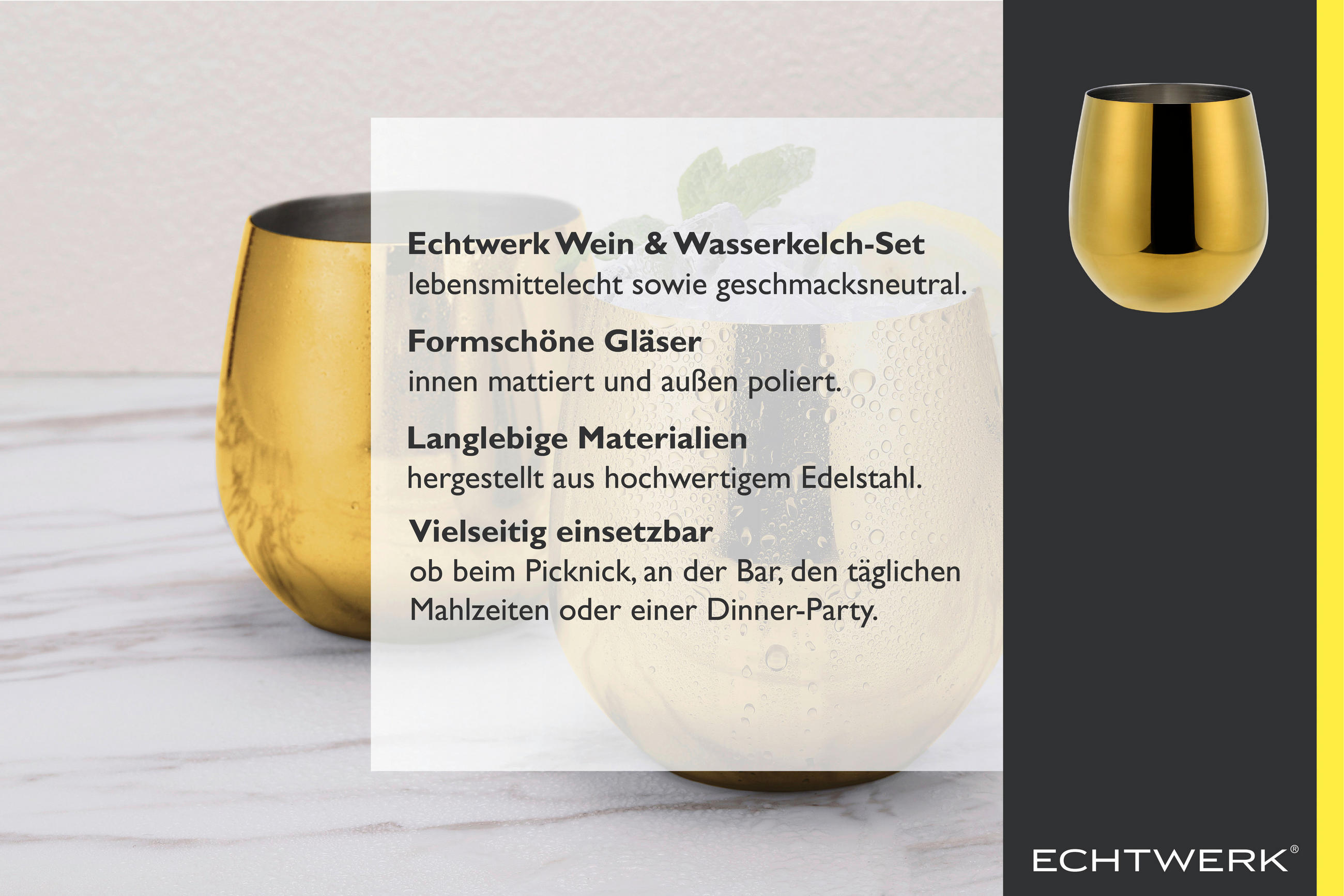 GLÄSERSET  2-teilig  - Goldfarben, MODERN, Metall - Echtwerk