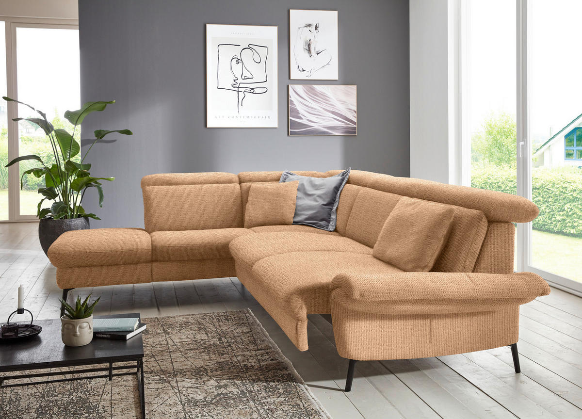 ECKSOFA in Struktur Cognac  - Cognac/Schwarz, Modern, Textil/Metall (235/275cm) - Cantus