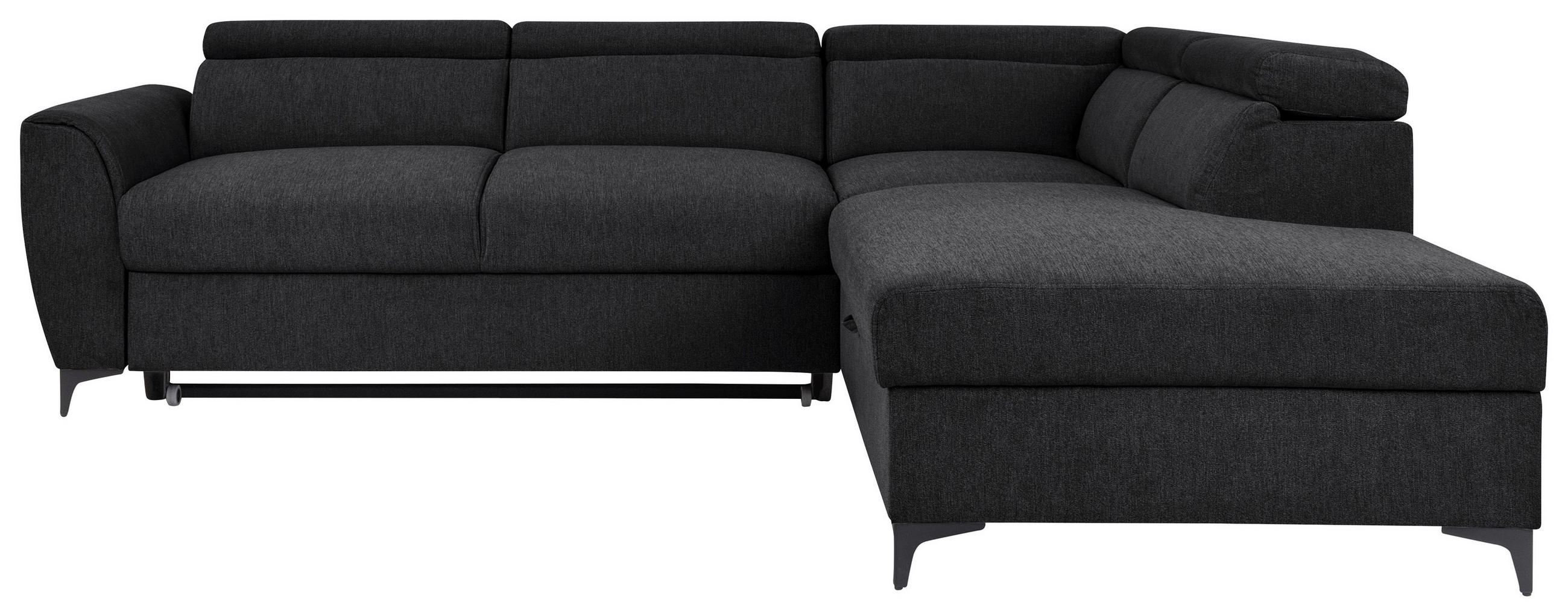 ECKSOFA Schwarz Velours Bettkasten, Schlaffunktion, Rücken echt, Kopfteilverstellung, Liegefläche im Originalstoff  - Schwarz, KONVENTIONELL, Textil/Metall (255/217cm) - Carryhome