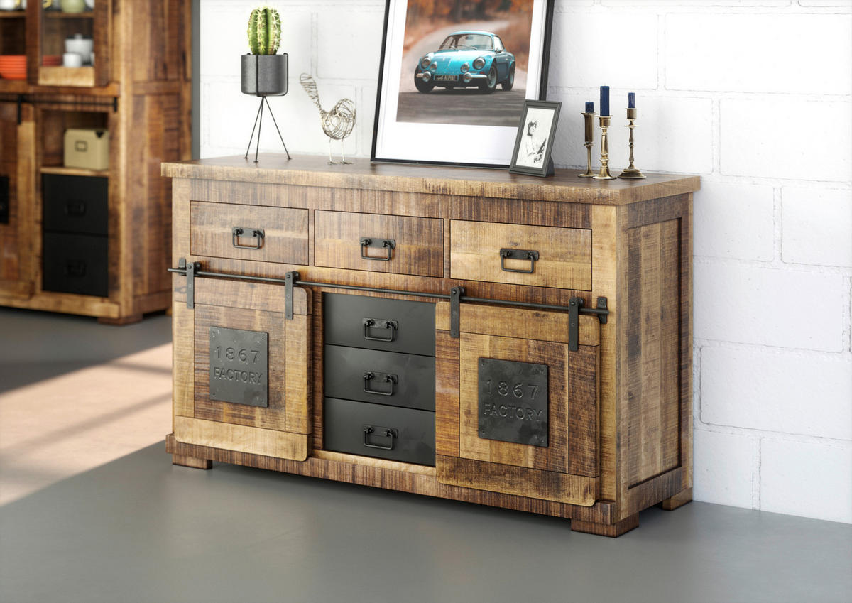 SIDEBOARD  in 145/85/45 cm  - Schwarz/Naturfarben, ROMANTIK / LANDHAUS, Holz/Metall (145/85/45cm) - Landscape