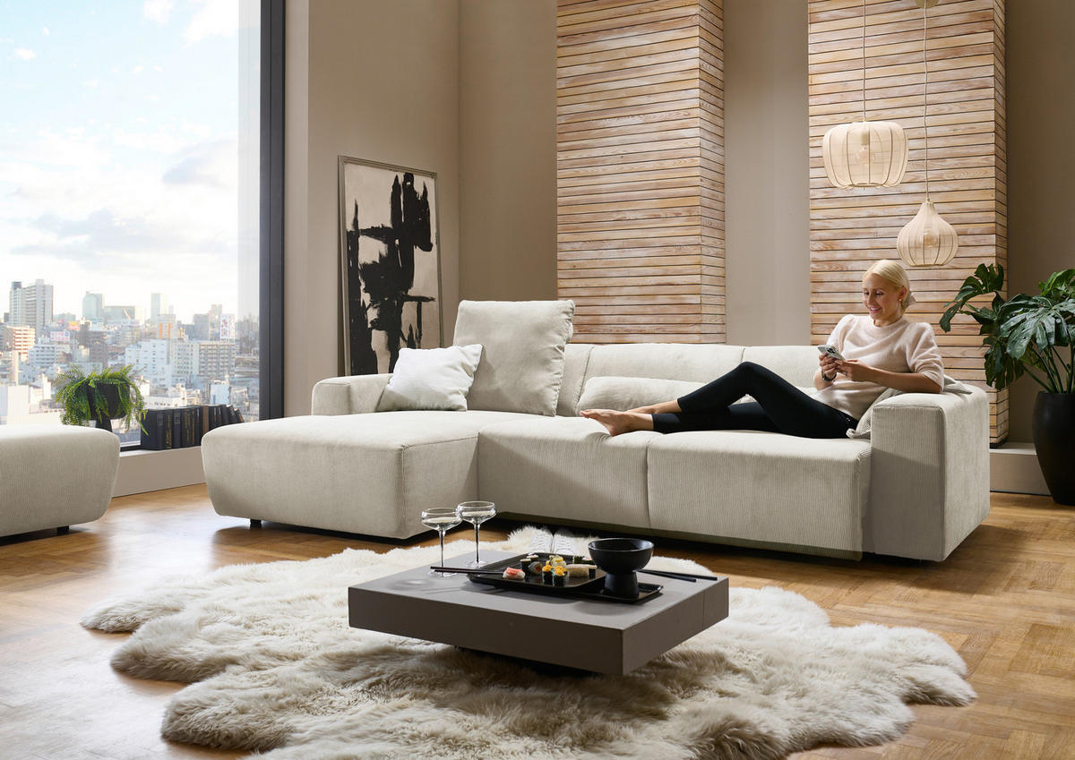 ECKSOFA Naturfarben Feincord  - Schwarz/Naturfarben, Design, Kunststoff/Textil (174/302cm) - Beldomo Style