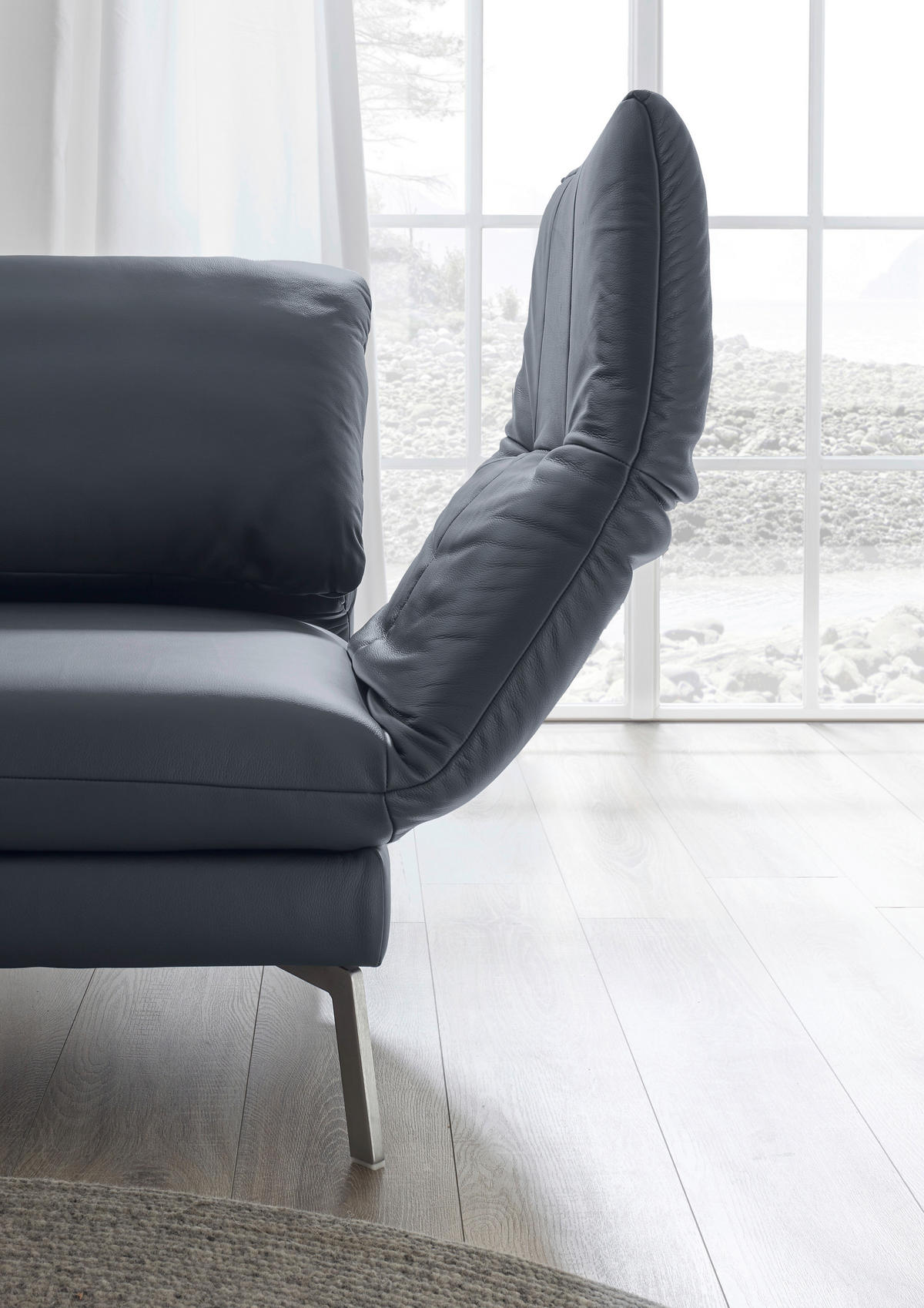 RÉCAMIERE Dunkelblau, Blaugrau Echtleder  - Chromfarben/Blaugrau, Design, Leder/Metall (209/85-109/95-16cm) - Dieter Knoll